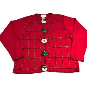 Lemon Grass Red Christmas Sweater Snowman Santa Tree Button Knit Size Large